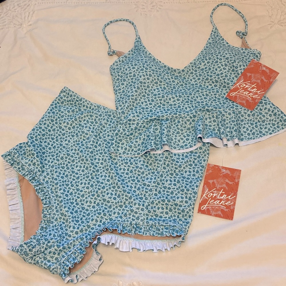 Kortni Jeane Swim Ruffled Bottom and Scoop Back Top in Blue Ditsy Floral